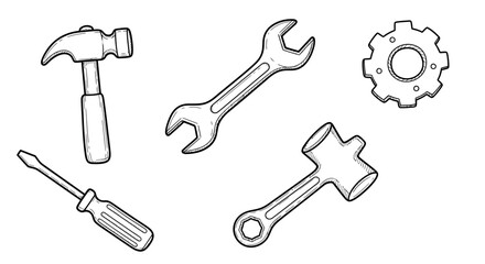 Collection of essential hand tools for DIY, home repair, and professional maintenance, featuring hammer, wrench, screwdriver, and gear in a clean, versatile line art graphic