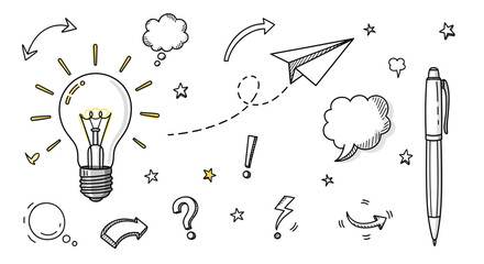 Collection of hand-drawn doodle style graphic elements representing creative brainstorming, innovative ideas, problem-solving, and communication concepts for design and business visuals
