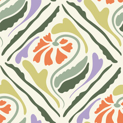 Vector seamless tropical floral pattern with abstract orange flowers and green leaves, organic hand drawn summer background for textile and interior decor
