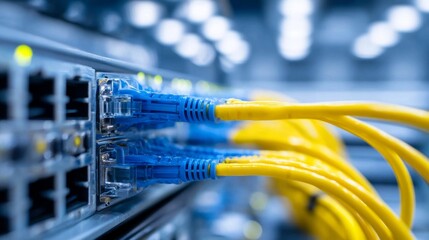 Close-up view reveals a network switch with cables plugged in, highlighting connections in a modern data center, where technology powers communication and information flow