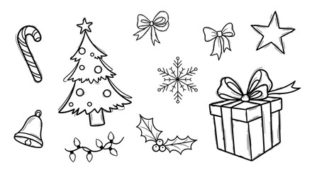 Whimsical hand-drawn Christmas doodles collection featuring festive holiday season elements like an ornamented tree, gift box, snowflake, holly, and candy cane outline