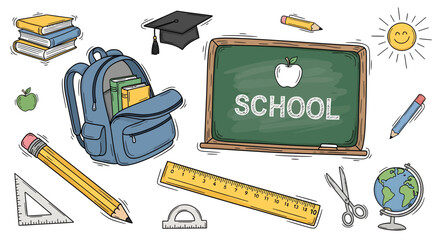 Vibrant hand-drawn school supplies and essential educational tools collection, perfect for illustrating learning, student life, and academic concepts like knowledge, study, and growth