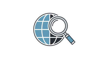 Conceptual vector icon showcasing a magnifying glass over a stylized globe, symbolizing global internet search, web exploration, information discovery, and worldwide data analysis