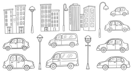 Charming hand-drawn urban elements collection black and white sketches of diverse buildings, classic streetlights, and various car models for design and illustration projects