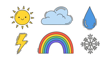A charming collection of hand-drawn weather symbols illustrating various atmospheric conditions and natural phenomena, perfect for forecast designs and digital interfaces