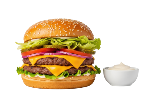 Pristine double cheeseburger with golden sesame bun, seared beef patties, melted cheddar, crisp lettuce, tomatoes, onions, pickles, and side sauce, on a transparent background, concept of culinary