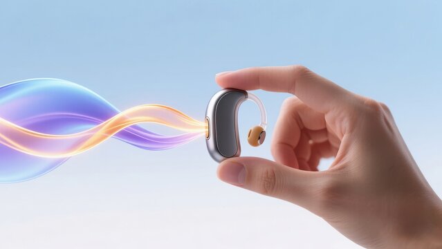 A hand holding a small hearing device with glowing soundwave symbolizing modern hearing aid tech and hearing problems
