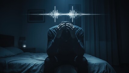 A man sitting in blue light under glowing wave symbolizing noise stress, hearing problems, and hearing aid awareness