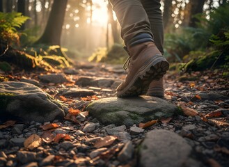 Close-up view of a person wearing hiking boots walking on a rocky forest trail. Concept of outdoor adventure, trekking, and nature exploration. Morning sunlight adds a warm and natural atmospher