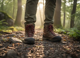 Close-up view of a person wearing hiking boots walking on a rocky forest trail. Concept of outdoor adventure, trekking, and nature exploration. Morning sunlight adds a warm and natural atmospher