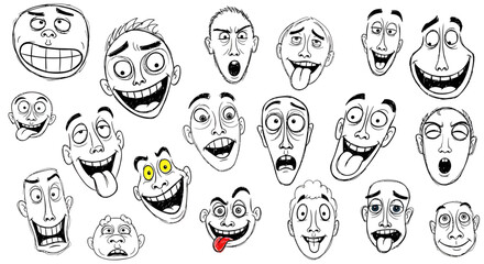 A dynamic and whimsical assortment of hand-drawn cartoon faces, each bursting with exaggerated expressions and comical personality, ideal for playful designs