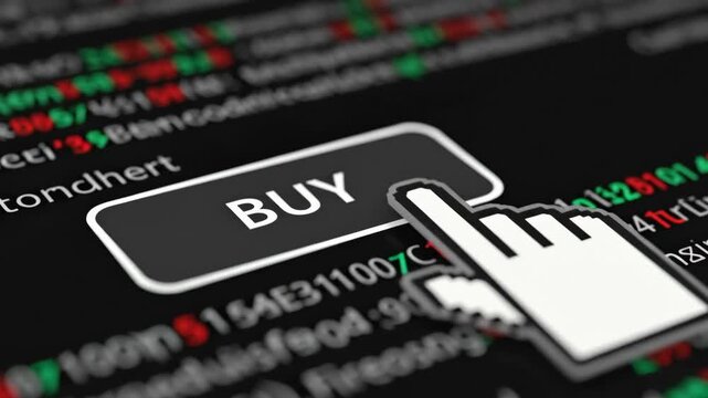 A close-up image of a hand hovering over a 'Buy' button on a stock trading platform