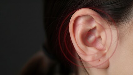 A woman ear with glowing red circle showing pain and pressure symbolizing hearing problems and hearing aid care