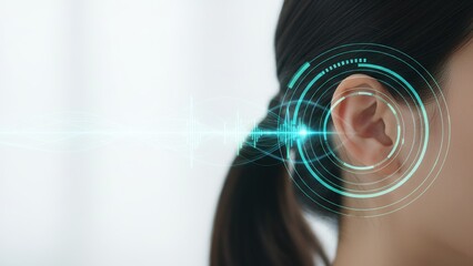 A futuristic ear with glowing soundwave rings symbolizing hearing innovation, hearing problems, and hearing aid tech