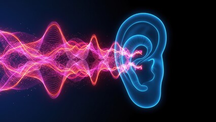 A glowing ear cross section with bright sound waves symbolizing hearing problems and hearing aid technology