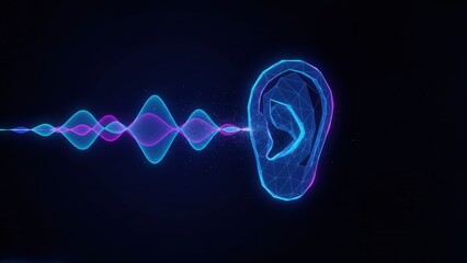 A blue ear with neon soundwaves symbolizing hearing problems, sound perception, and hearing aid concept