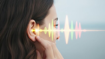 A woman holding a ear with colorful sound lines symbolizing auditory energy, hearing problems, and hearing aid sensitivity