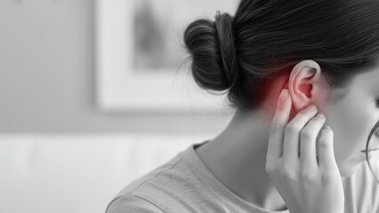 A woman holding a ear with glowing red area showing irritation symbolizing hearing problems and need for hearing aid support
