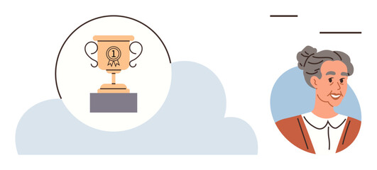 Elderly woman smiling next to trophy on pedestal, representing recognition, success, and accomplishment. Ideal for achievement, celebration, hard work, reward motivation honor inspiration. Simple