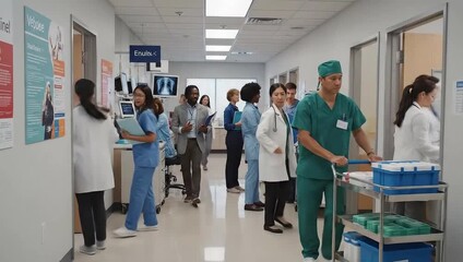 Diverse medical team busy in modern hospital hallway, caring and dedicated - Powered by Adobe