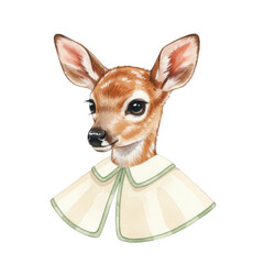 A Sweet Watercolor Portrait of a Young Deer Adorned with a Charming Collar