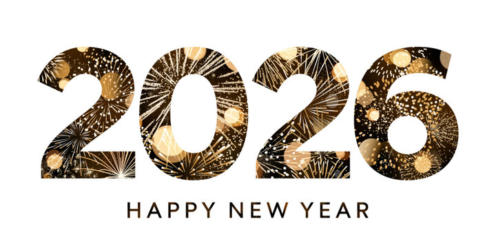 2026 fireworks logo, gold New Year number isolated
