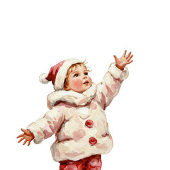 Whimsical Toddler In Festive Winter Attire Reaching Upwards With Joy