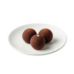 Three gourmet dark chocolate truffles, one with gold leaf, triangularly arranged on a white plate against a transparent background, diffused studio light. Luxurious indulgence concept
