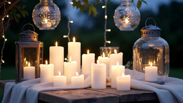 Cozy outdoor candle arrangement with lanterns and string lights for evening ambiance