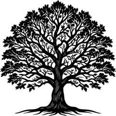Detailed silhouette of a majestic oak tree with intricate branches and roots scalable vector illustration