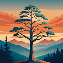 Intricate leafless pine tree branches silhouette majestic mountain landscape sunset sky illustration vector