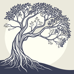 Minimalist banyan tree illustration with intricate branches and visible roots scalable vector graphic
