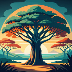 Minimalist banyan tree with intricate branches and vibrant sunset sky vector illustration