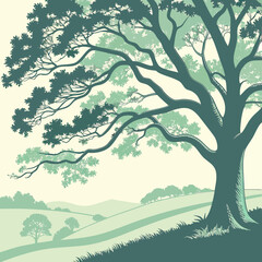 Stylized oak tree illustration with flowing canopy and gentle landscape vector graphic