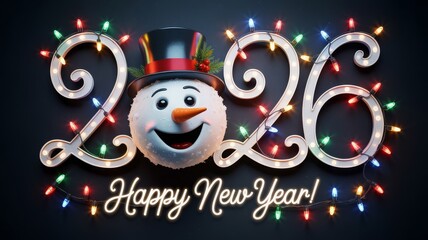 A festive "2026" graphic featuring a cheerful snowman with a top hat and carrot nose, illuminated by colorful string lights, with "Happy New Year!" text below.