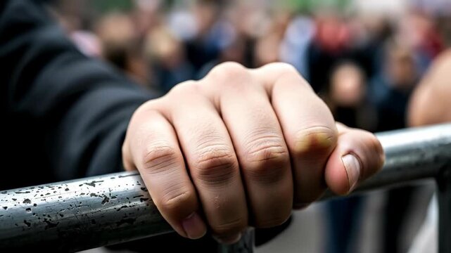A close-up of a clenched hand gripping a railing, symbolizing determination and strength amidst a crowd, capturing the essence of human emotion and solidarity in public spaces.