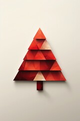 Abstract geometric Christmas tree made of stacked red triangles with golden sparkle, on cream background, festive promotion concept, modern design for holiday marketing.