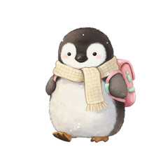 Adorable Penguin Character Dressed in Winter Scarf and Backpack
