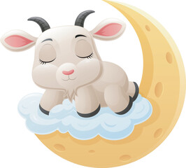 Cute goat cartoon sleeping on the moon