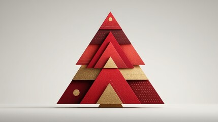 Centralized Christmas sale poster with a red and gold geometric tree made of stacked triangles, white accents, on a light gray background, festive promotion.