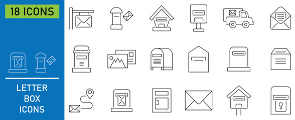 Set of letter box icon in line style. Contains such priority shipping,  delivery boxes, cargo distribution, return parcel, export and more. Collection of various mailbox designs. Vector illustration. 