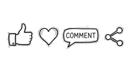 Sketchy hand-drawn social media engagement icons for digital interaction a set featuring like, love, comment, and share symbols for online community platforms