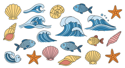 Vibrant Hand-Drawn Ocean and Marine Life Elements Collection Waves, Seashells, Fish, and Starfish Vector Illustrations for Summer Designs and Aquatic Themes