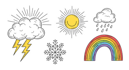 Charming hand-drawn weather icon set showcasing diverse climate elements like a bright sun, stormy cloud, gentle rain, delicate snowflake, and vibrant rainbow