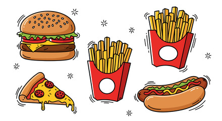Hand-drawn cartoon set of popular fast food tasty burger, golden fries, cheesy pizza slice, and savory hot dog. Ideal for menus