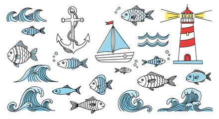 Charming hand-drawn marine and nautical collection fish, waves, anchor, sailboat, and lighthouse. A delightful artistic assortment for sea-themed designs