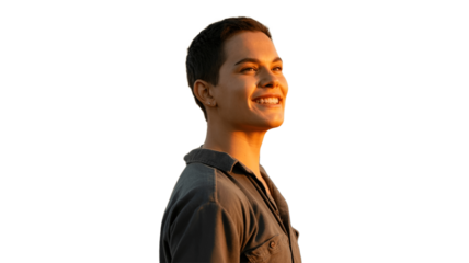 A smiling person looking to the side with the sun.