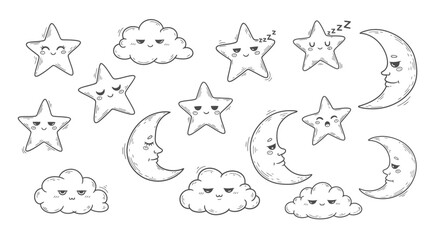 Whimsical Hand-Drawn Celestial Collection Expressive Cartoon Stars, Moons, and Clouds with Various Moods, Perfect for Cute Designs and Night Sky Themes