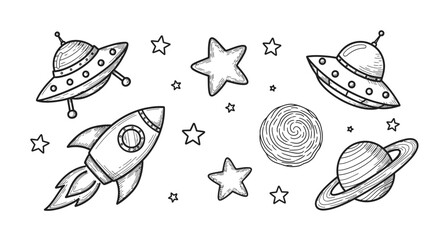 Hand-drawn outline doodle set of space elements rocket, UFOs, planets, stars. Ideal for cosmic exploration, science fantasy, and imaginative universe themes
