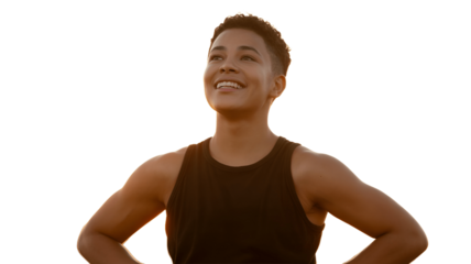 A smiling person with arms on waist and looking up at the sky.